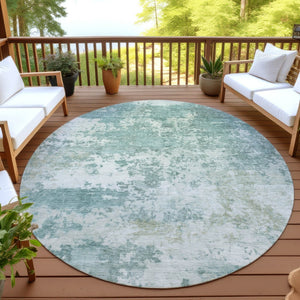 HomeRoots 8' Aqua and Ivory Round Abstract Washable Rug - Versatile Indoor/Outdoor Design for Modern Spaces 689079