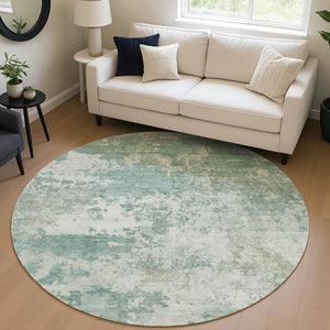 HomeRoots 8' Aqua and Ivory Round Abstract Washable Rug - Versatile Indoor/Outdoor Design for Modern Spaces 689079