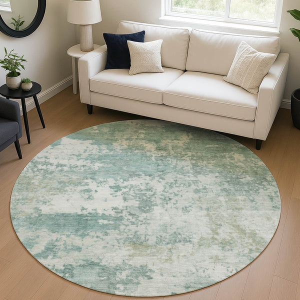 HomeRoots 8' Aqua and Ivory Round Abstract Washable Rug - Versatile Indoor/Outdoor Design for Modern Spaces 689079