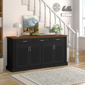 English Elm 63" Fluted Mdf Sideboard with Wood Tone Top Four Doors Three Drawers Dining Storage Black W2917S00010