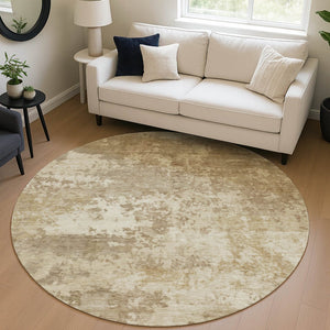 HomeRoots 8' Khaki and Beige Round Abstract Rug - Stylish, Washable, Durable for Indoor/Outdoor Living Spaces 689103