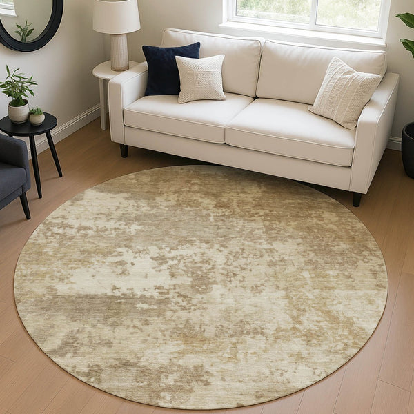 HomeRoots 8' Khaki and Beige Round Abstract Rug - Stylish, Washable, Durable for Indoor/Outdoor Living Spaces 689103