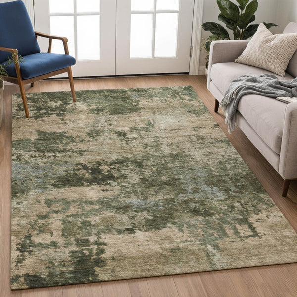 HomeRoots 5' Abstract Olive Green and Beige Washable Area Rug for Indoor/Outdoor High Traffic Spaces 689108