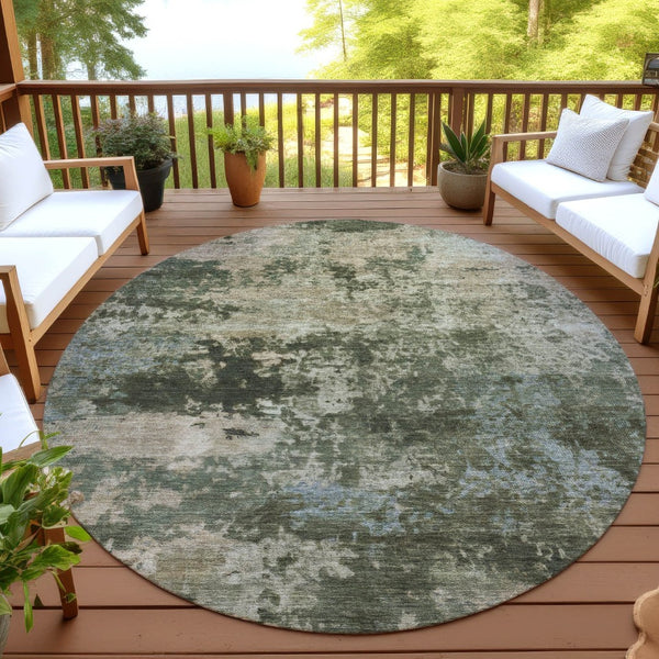 HomeRoots 8' Modern Round Abstract Area Rug in Olive Green and Beige - Washable for Indoor & Outdoor Use 689109