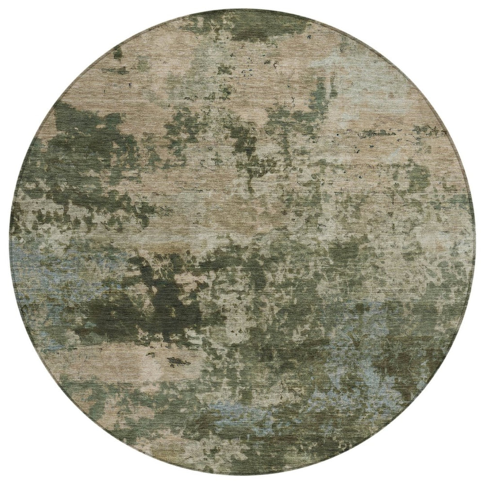 HomeRoots 8' Modern Round Abstract Area Rug in Olive Green and Beige - Washable for Indoor & Outdoor Use 689109