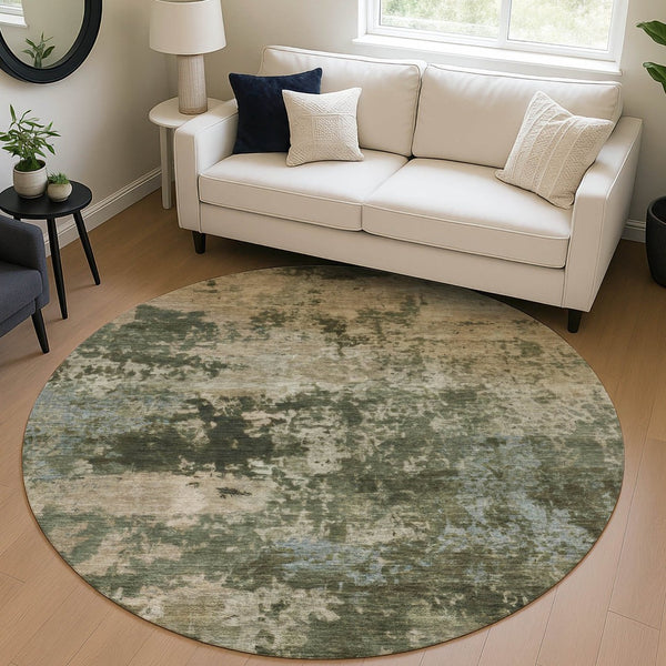 HomeRoots 8' Modern Round Abstract Area Rug in Olive Green and Beige - Washable for Indoor & Outdoor Use 689109