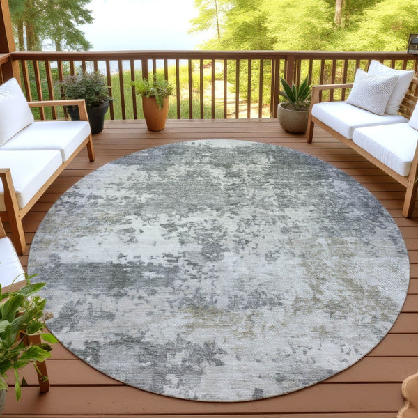 HomeRoots 8' Modern Round Abstract Washable Area Rug in Pewter & Ivory - Durable, Stylish & Easy Care 689115