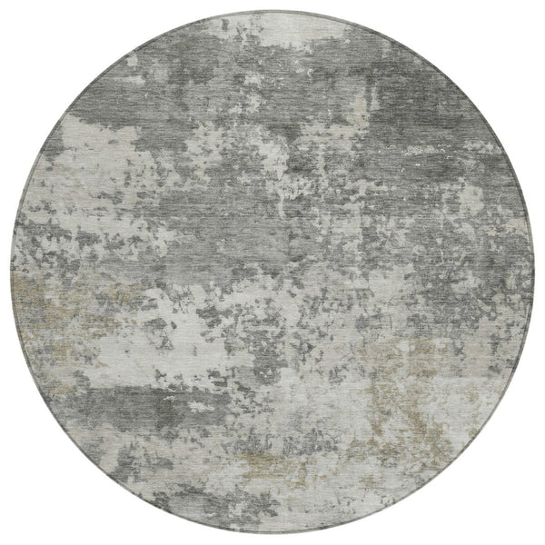 HomeRoots 8' Modern Round Abstract Washable Area Rug in Pewter & Ivory - Durable, Stylish & Easy Care 689115