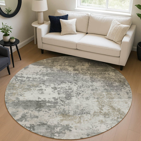 HomeRoots 8' Modern Round Abstract Washable Area Rug in Pewter & Ivory - Durable, Stylish & Easy Care 689115
