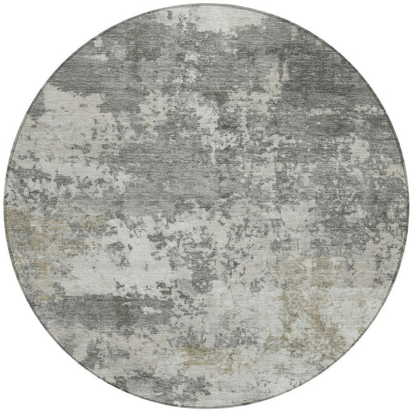 HomeRoots 8' Modern Round Abstract Washable Area Rug in Pewter & Ivory - Durable, Stylish & Easy Care 689115