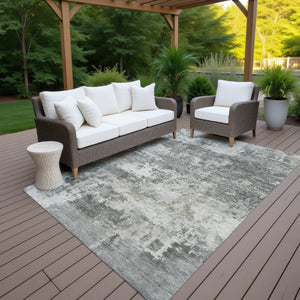 HomeRoots 9' X 12' Stylish Pewter & Ivory Abstract Washable Indoor/Outdoor Rug for Modern Spaces 689117