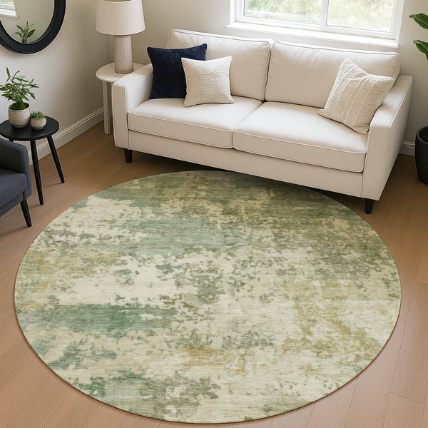 HomeRoots 8' Sage and Beige Round Abstract Indoor-Outdoor Area Rug - Durable, Washable, Stylish for Any Space 689121