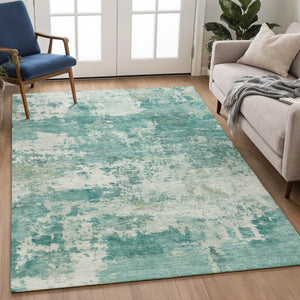 HomeRoots 5' X 8' Teal Blue & Ivory Abstract Washable Rug - Stylish Indoor/Outdoor Accent for Any Space! 689132