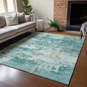 HomeRoots 5' X 8' Teal Blue & Ivory Abstract Washable Rug - Stylish Indoor/Outdoor Accent for Any Space! 689132