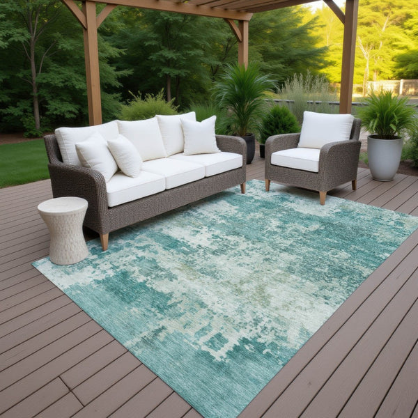 HomeRoots 5' X 8' Teal Blue & Ivory Abstract Washable Rug - Stylish Indoor/Outdoor Accent for Any Space! 689132