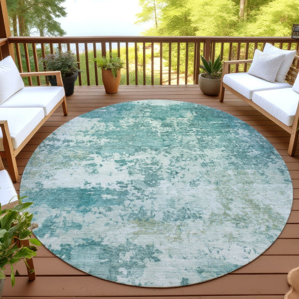 HomeRoots 8' Teal Blue & Ivory Round Abstract Rug – Stylish, Washable, Durable for Indoor & Outdoor Spaces! 689133