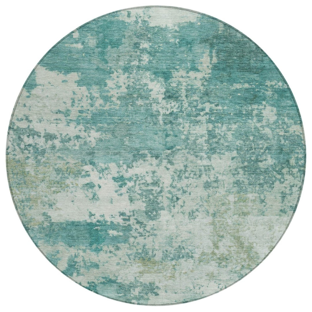 HomeRoots 8' Teal Blue & Ivory Round Abstract Rug – Stylish, Washable, Durable for Indoor & Outdoor Spaces! 689133