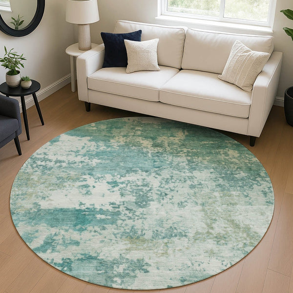 HomeRoots 8' Teal Blue & Ivory Round Abstract Rug – Stylish, Washable, Durable for Indoor & Outdoor Spaces! 689133