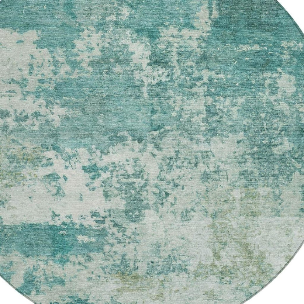 HomeRoots 8' Teal Blue & Ivory Round Abstract Rug – Stylish, Washable, Durable for Indoor & Outdoor Spaces! 689133