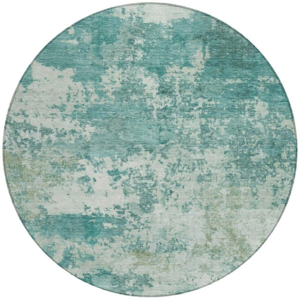 HomeRoots 8' Teal Blue & Ivory Round Abstract Rug – Stylish, Washable, Durable for Indoor & Outdoor Spaces! 689133