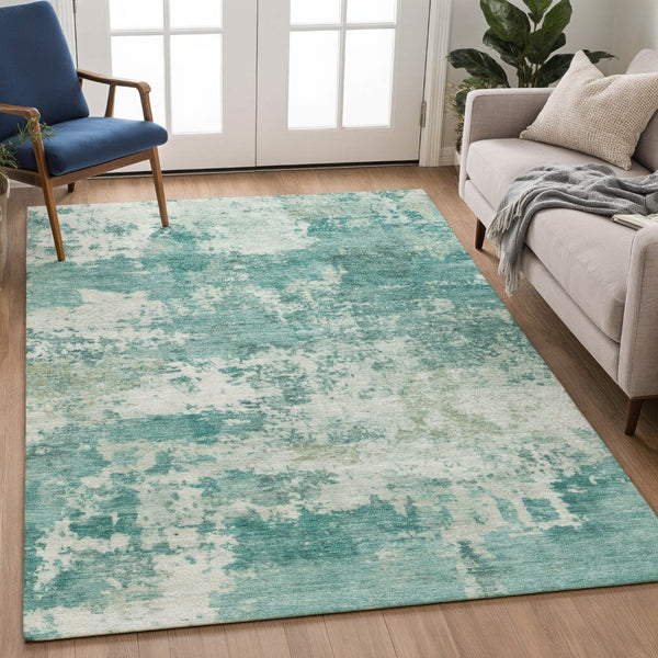 HomeRoots 10' Teal Blue & Ivory Abstract Area Rug - Stylish, Durable, Machine-Washable for Indoor & Outdoor Use 689136