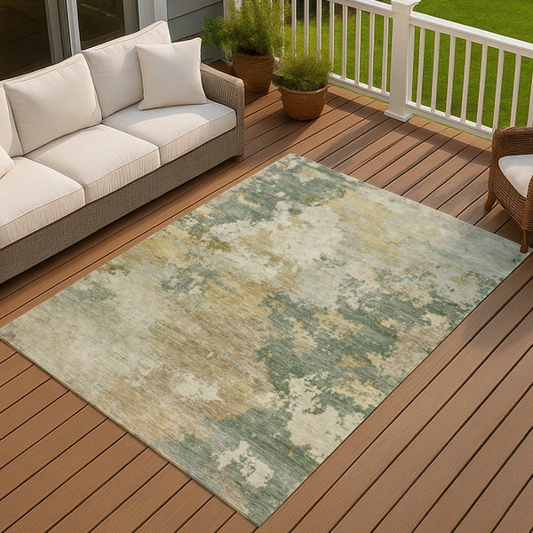 HomeRoots 5' X 8' Artichoke Green Gold Ivory Abstract Washable Area Rug for Indoor Outdoor Modern Style 689138