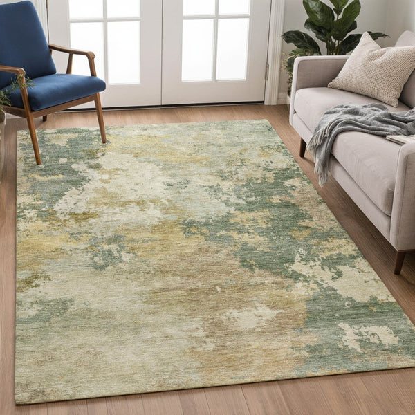 HomeRoots 5' X 8' Artichoke Green Gold Ivory Abstract Washable Area Rug for Indoor Outdoor Modern Style 689138