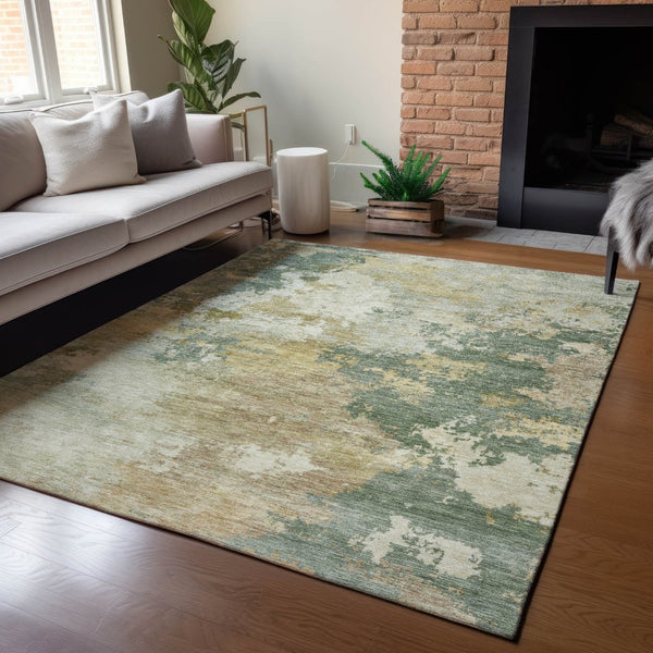 HomeRoots 5' X 8' Artichoke Green Gold Ivory Abstract Washable Area Rug for Indoor Outdoor Modern Style 689138