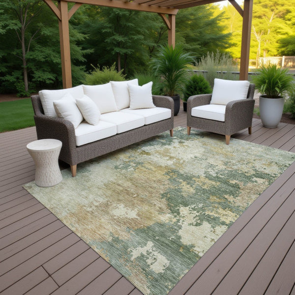 HomeRoots 5' X 8' Artichoke Green Gold Ivory Abstract Washable Area Rug for Indoor Outdoor Modern Style 689138