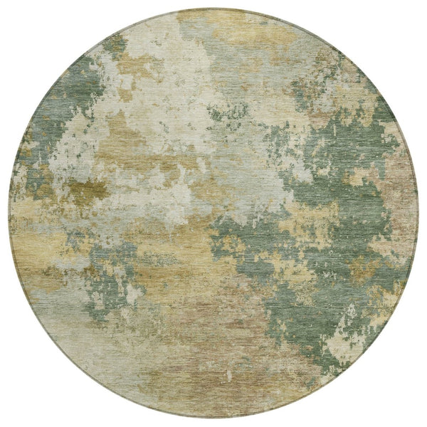 HomeRoots 8' Round Abstract Area Rug in Artichoke Green, Gold & Ivory - Stylish, Washable & Durable Design! 689139