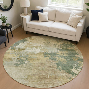 HomeRoots 8' Round Abstract Area Rug in Artichoke Green, Gold & Ivory - Stylish, Washable & Durable Design! 689139