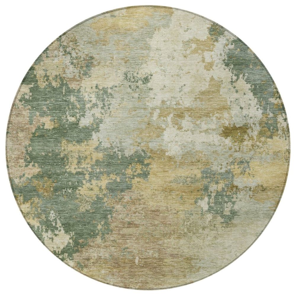 HomeRoots 8' Round Abstract Area Rug in Artichoke Green, Gold & Ivory - Stylish, Washable & Durable Design! 689139