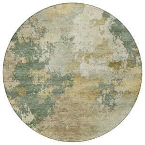 HomeRoots 8' Round Abstract Area Rug in Artichoke Green, Gold & Ivory - Stylish, Washable & Durable Design! 689139