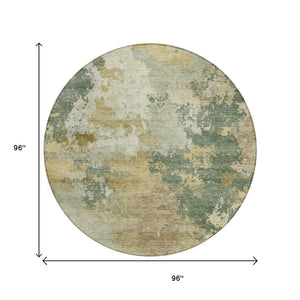 HomeRoots 8' Round Abstract Area Rug in Artichoke Green, Gold & Ivory - Stylish, Washable & Durable Design! 689139