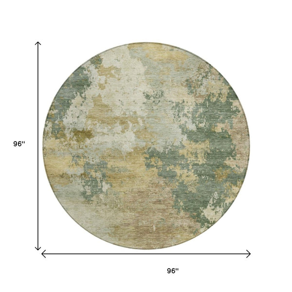HomeRoots 8' Round Abstract Area Rug in Artichoke Green, Gold & Ivory - Stylish, Washable & Durable Design! 689139