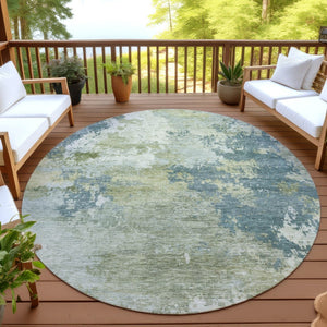 HomeRoots 8' Aqua and Green Round Abstract Indoor Outdoor Rug - Stylish, Washable, Durable for High-Traffic Spaces 689145