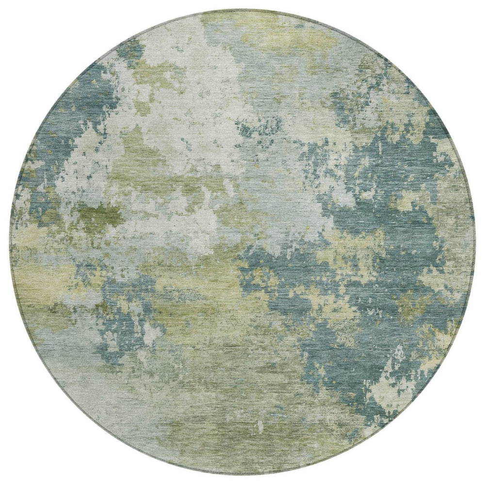 HomeRoots 8' Aqua and Green Round Abstract Indoor Outdoor Rug - Stylish, Washable, Durable for High-Traffic Spaces 689145
