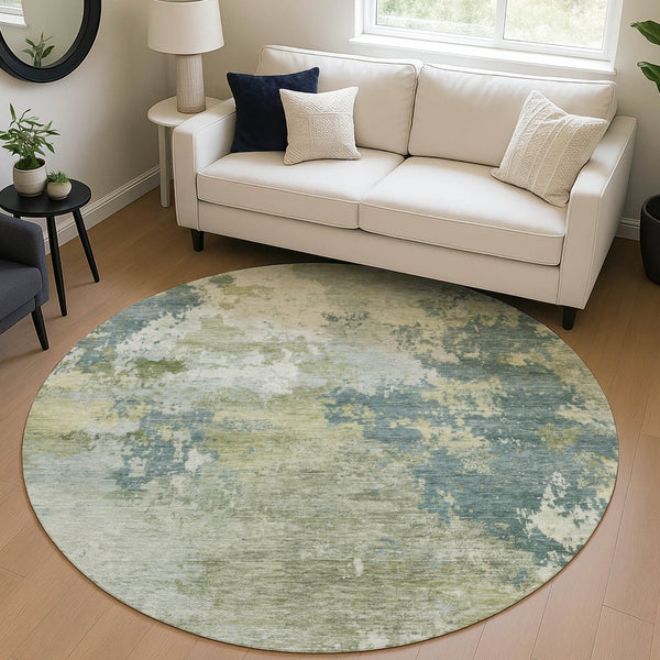 HomeRoots 8' Aqua and Green Round Abstract Indoor Outdoor Rug - Stylish, Washable, Durable for High-Traffic Spaces 689145