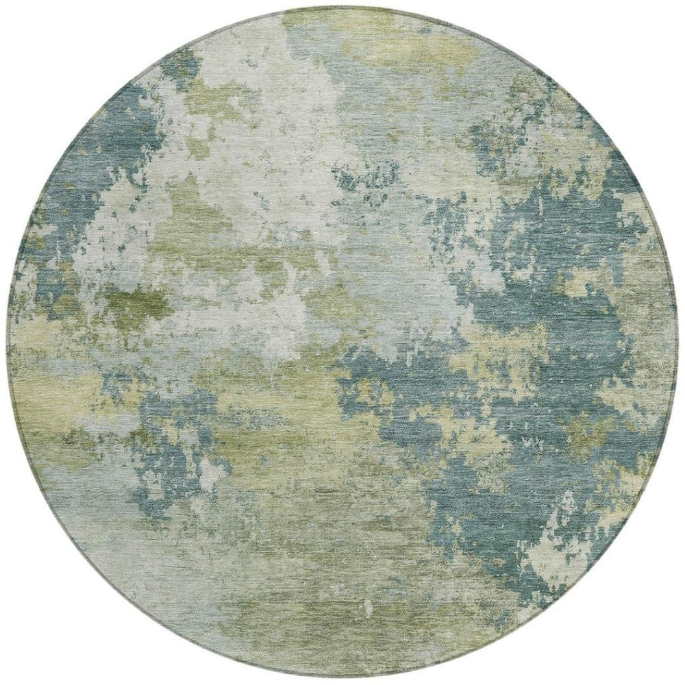 HomeRoots 8' Aqua and Green Round Abstract Indoor Outdoor Rug - Stylish, Washable, Durable for High-Traffic Spaces 689145