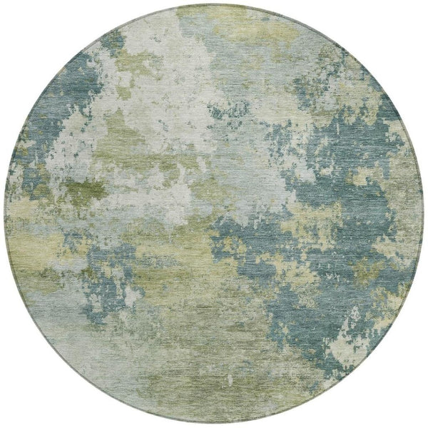 HomeRoots 8' Aqua and Green Round Abstract Indoor Outdoor Rug - Stylish, Washable, Durable for High-Traffic Spaces 689145