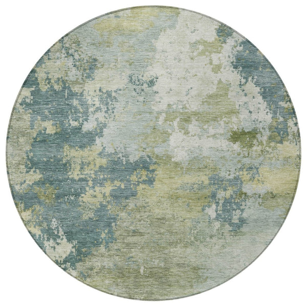 HomeRoots 8' Aqua and Green Round Abstract Indoor Outdoor Rug - Stylish, Washable, Durable for High-Traffic Spaces 689145
