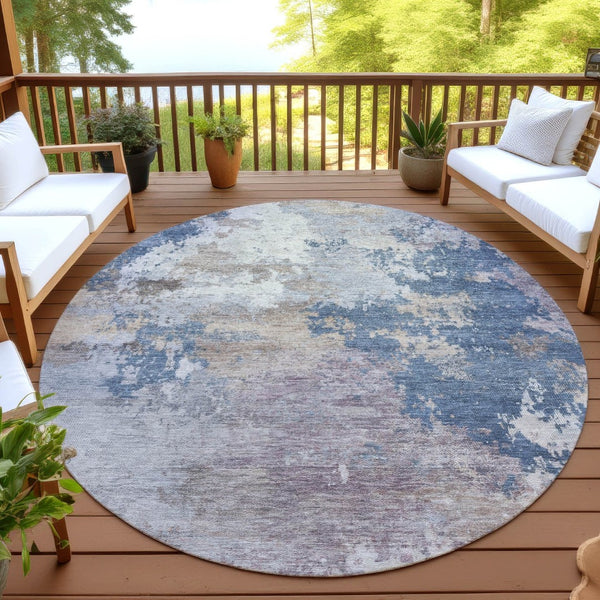 HomeRoots 8' Blue And Beige Round Abstract Area Rug - Stylish, Washable, Durable for Indoor & Outdoor Spaces 689151