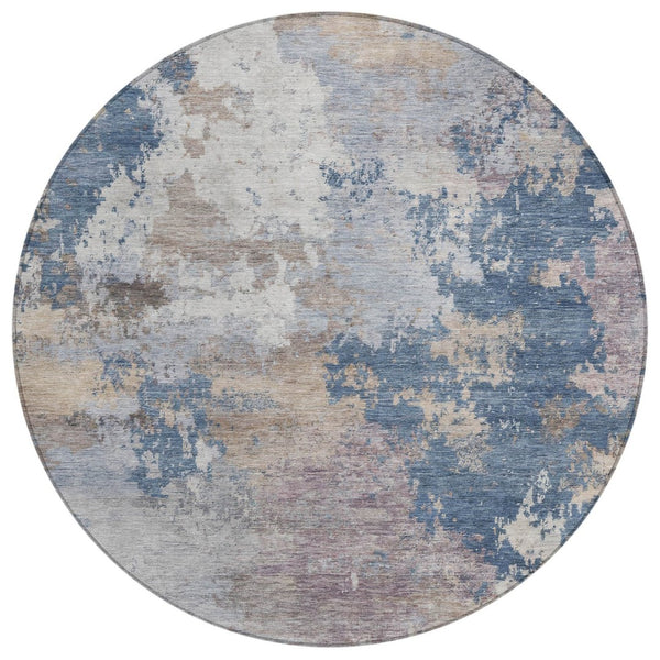 HomeRoots 8' Blue And Beige Round Abstract Area Rug - Stylish, Washable, Durable for Indoor & Outdoor Spaces 689151