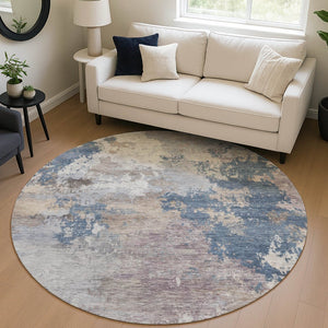 HomeRoots 8' Blue And Beige Round Abstract Area Rug - Stylish, Washable, Durable for Indoor & Outdoor Spaces 689151