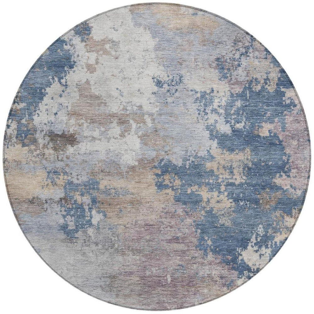 HomeRoots 8' Blue And Beige Round Abstract Area Rug - Stylish, Washable, Durable for Indoor & Outdoor Spaces 689151
