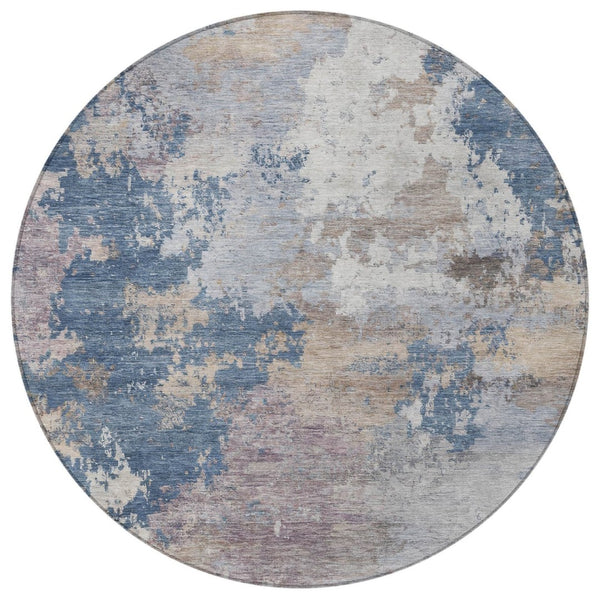 HomeRoots 8' Blue And Beige Round Abstract Area Rug - Stylish, Washable, Durable for Indoor & Outdoor Spaces 689151