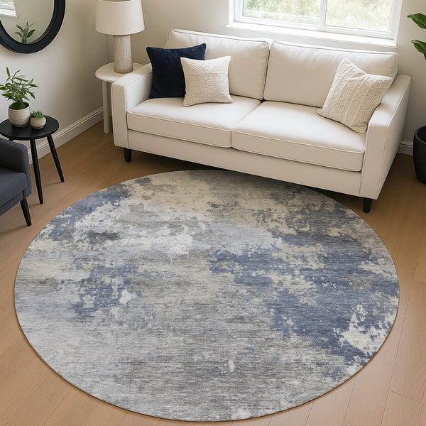 HomeRoots 8' Denim Blue Round Abstract Rug - Stylish, Washable Area Rug for Indoor & Outdoor Spaces, Durable Design 689157