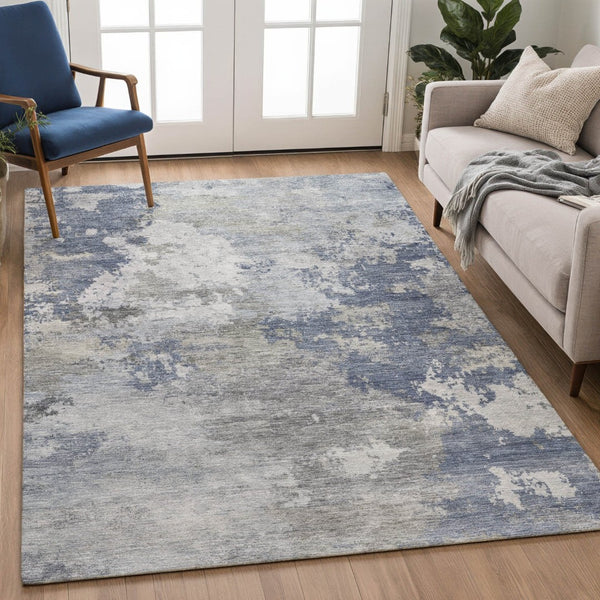 HomeRoots 10' Denim Blue and Ivory Abstract Area Rug - Stylish, Washable, Indoor/Outdoor, Stain-Resistant Design 689160