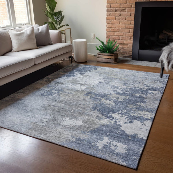 HomeRoots 10' Denim Blue and Ivory Abstract Area Rug - Stylish, Washable, Indoor/Outdoor, Stain-Resistant Design 689160