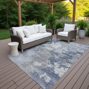 HomeRoots 10' Denim Blue and Ivory Abstract Area Rug - Stylish, Washable, Indoor/Outdoor, Stain-Resistant Design 689160